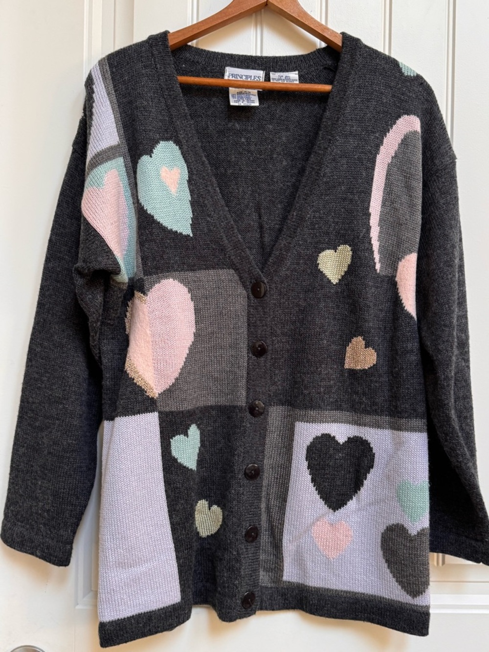Vintage Principles Petites Acrylic Wool Blend Grey Metallic Hearts Cardigan. M